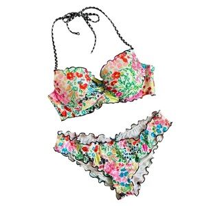Pink White Floral Balconette Bikini Cheeky Ruched Bottoms Size 34-C/S Like New